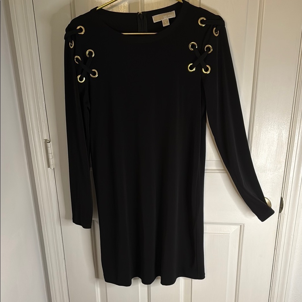 Michael Kors Black and Gold Long Sleeve Stretch Midi Dress, Zipper Back
